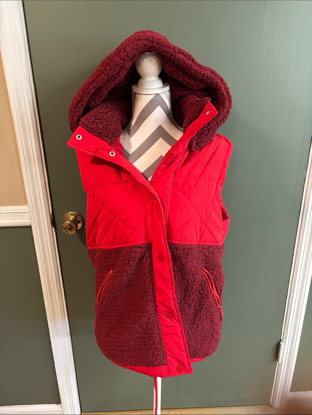 Women's Two-Tone Red Quilted & Sherpa Hooded Vest